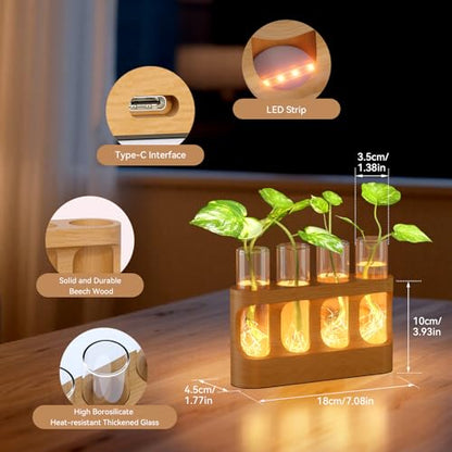 Plant Propagation Station with Wooden Stand, Gardening Gifts for Mom Women Plant Lovers, 9-Level Dimmable LED Light 4 Glass Test Tubes Vases for Hydroponic Plants - Desktop Terrarium for Desk Decor - size: With Light