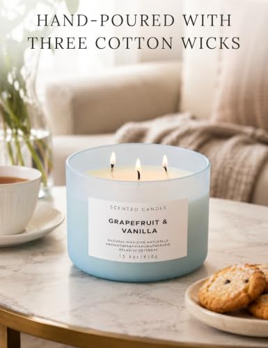 Grapefruit Vanilla 3-Wick Soy Candle, 15.8 Oz Large Scented Candle for Home | Bright Creamy Citrus With Bergamot & Berries, Aromatherapy, Room-Filling Scent, Clean Burn, 15.8 Oz, Blue Jar, Gift Ready
