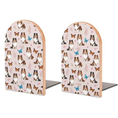 Heavy Duty Wood Book Ends with Metal Base Bookends for Shelves, Butterflies | Pet Dog Puppy Shetland Sheepdog, Decorative Book Organizers, Support for Movies, Magazines, DVDs, 1 Pair - color: Style(502)