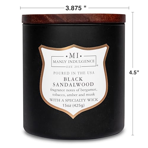 Manly Indulgence Black Sandalwood Scented Candle for Men 15 oz – Bergamot, Tobacco, Amber & Musk - Wood Wick - Up to 60 Hours Burn - Soy Blend Wax, USA Poured – Signature Collection - color: Black Sandalwood