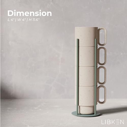 LIBKEN Stackable Coffee Mug Set with Green Stand Rack 4x8oz Ceramic Mugs with Unique Sprinkled Optics - Powder Coated Metal Rack for Space Saving Storage - Dishwasher-Safe - Microwave & Oven Use