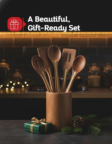 Acacia Utensil Set of 5 with Holder – Premium Wooden Cooking Utensils, Eco Friendly Acacia Wood Spatula & Spoon Set, Nonstick Safe Kitchen Tools - color: Acacia Classic Kitchen Set