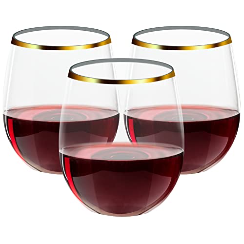 FOCUSLINE 32 Pack 12 OZ Plastic Wine Glasses, Stemless Disposable Wine Cups, Gold Rim Unbreakable Wine Glasses, Reusable Shatterproof Recyclable and BPA-Free Plastic Wine Cups - color: 12OZ-32-Gold Rim