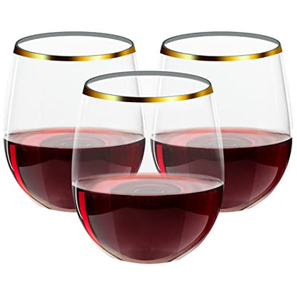 FOCUSLINE 32 Pack 12 OZ Plastic Wine Glasses, Stemless Disposable Wine Cups, Gold Rim Unbreakable Wine Glasses, Reusable Shatterproof Recyclable and BPA-Free Plastic Wine Cups - color: 12OZ-32-Gold Rim
