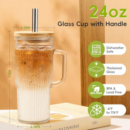 JunVpic Glass Tumbler, 24 oz Ice Coffee Cups with Bamboo Lid and Handle | Stainless steel straws and cleaning brushes, boho pattern design for iced coffee, smoothies, tea and daily drinks - color: Clear-Boho Pattern, size: 24oz
