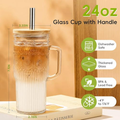 JunVpic Glass Tumbler, 24 oz Ice Coffee Cups with Bamboo Lid and Handle | Stainless steel straws and cleaning brushes, boho pattern design for iced coffee, smoothies, tea and daily drinks - color: Clear-Boho Pattern, size: 24oz