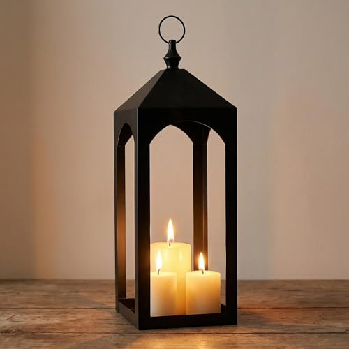 23 Inch Black Metal Outdoor Lantern with Hanging Ring Modern | Farmhouse Candle Lanterns for Porch Patio Fireplace Tabletop Decor No Glass Panel - size: 23Inch