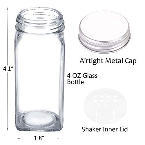 SWOMMOLY 30 Pcs Glass Spice Jars with Lids, 4oz Spice Bottles with Labels | Square Spice Containers with Shaker Lids, 703 Labels, Chalk Marker, Funnel- Seasoning Bottles for Racks, Cabinets, Drawers - size: 4 OZ