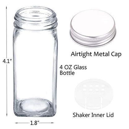 SWOMMOLY 30 Pcs Glass Spice Jars with Lids, 4oz Spice Bottles with Labels | Square Spice Containers with Shaker Lids, 703 Labels, Chalk Marker, Funnel- Seasoning Bottles for Racks, Cabinets, Drawers - size: 4 OZ