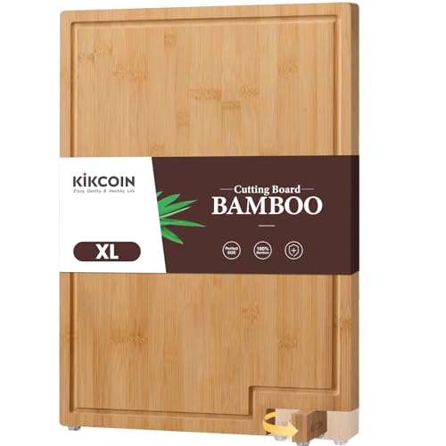 Kikcoin Bamboo Cutting Boards for Kitchen, Extra Large Wood Cutting Board with Rotating Kickstand & Juice Groove, Wooden Chopping Board for Meats Veges Fruits, Heavy Duty Serving Tray, 17 x 11.3 inch - size: 17"L x 11.3"W