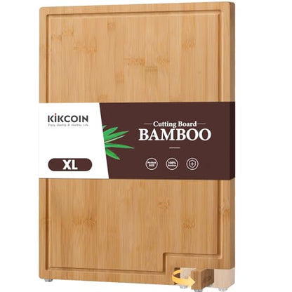 Kikcoin Bamboo Cutting Boards for Kitchen, Extra Large Wood Cutting Board with Rotating Kickstand & Juice Groove, Wooden Chopping Board for Meats Veges Fruits, Heavy Duty Serving Tray, 17 x 11.3 inch - size: 17"L x 11.3"W
