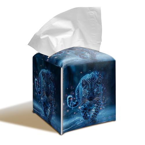 Fantasy Snow Leopard Galaxy PU Leather Tissue Box Cover 5.2 Inch | Galaxy snow leopard design; 5.2 in PU leather hand-stitched tissue cover for bathroom, bedroom, car, office. - color: Blue Leopard