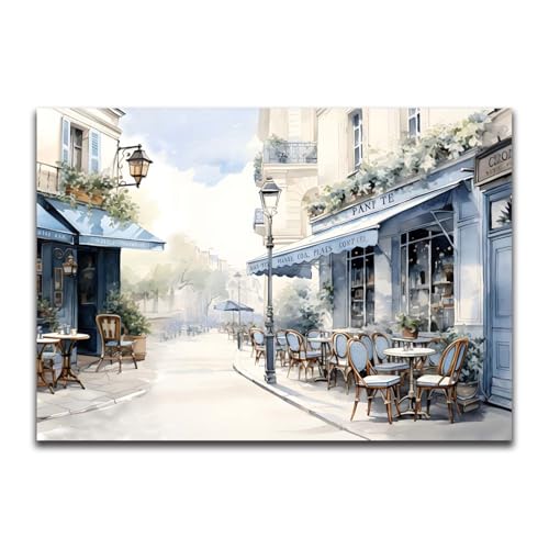 Modern Framed Street View Wall Art European Coffee Shop Canvas Print, Contemporary City Scene Painting, Vintage Cafe Artwork for Kitchen Dining Room Living Room, Bedroom Home Decor, Multi Size - color: Blue 01, size: 24"L x 16"W