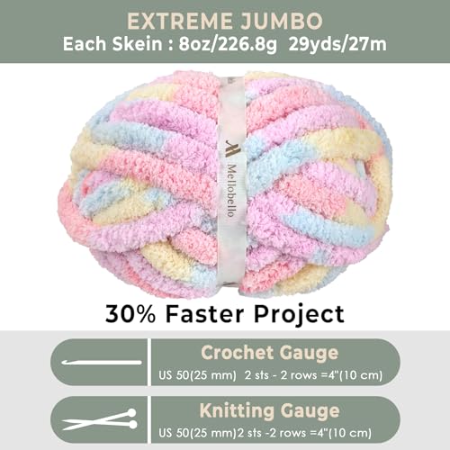 Jumbo Chunky Yarn for Hand Knitting - Super Thick Chenille Chunky Yarn for Crocheting - Extra Soft Bulky Fluffy Blanket Big Yarns 8 Jumbo Pack (27yds,8 oz Each Skein) - color: Soft Macaron