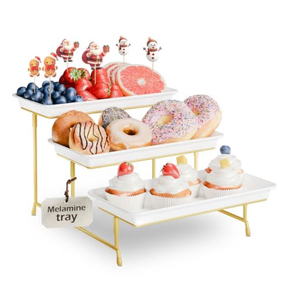 Bumusty 3-Tier Melamine Serving Tray Set, 11.5 x 5.6 in, Gold Stand | Melamine Reusable Platters with Metal Display Stand for Cupcakes, Desserts, Fruit, Cookies, Parties, Birthdays and Holidays - color: Gold, size: 11.8" x 5.7"