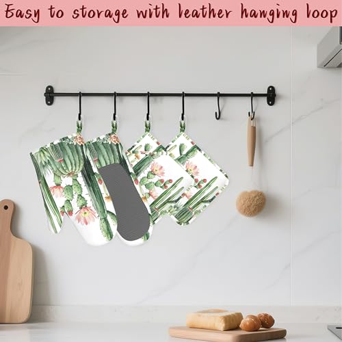 Cactus Succulent Greenery Flower Heat-Resistant Silicone Oven Mitts and Pot Holder 4 Piece Set,Non-Slip Kitchen Oven Gloves for Baking, BBQ, Cooking,Grilling - color: Cactus Succulent Greenery Flower