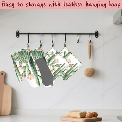 Cactus Succulent Greenery Flower Heat-Resistant Silicone Oven Mitts and Pot Holder 4 Piece Set,Non-Slip Kitchen Oven Gloves for Baking, BBQ, Cooking,Grilling - color: Cactus Succulent Greenery Flower
