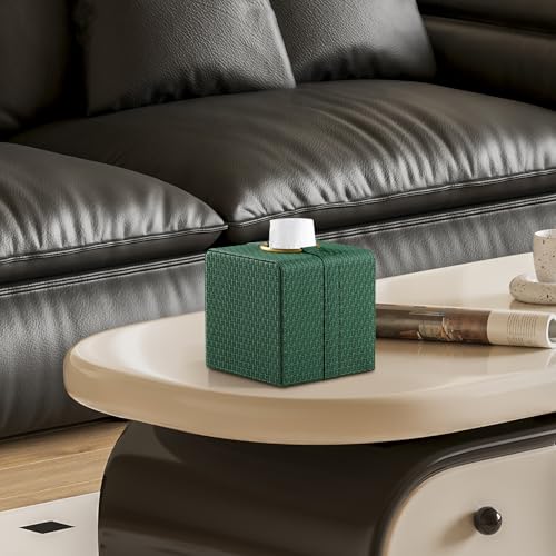 Square Tissue Box Cover with Magnetic Closure, Forest Green | Luxury PU Leather Tissue Holder with Gold Tone Metal Opening, Fits All Standard Cube Tissue Boxes - color: Forest Green