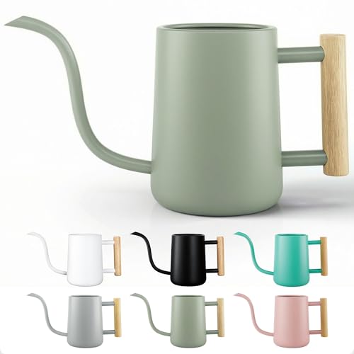 Metal Small Indoor Watering Can with Long Spout & Real Wood Handle, 35oz | Long Spout, Stainless Steel, Real Wood Handle, Gentle Flow, No Spills, Suitable for House Plants, Succulents & Seedlings - color: Sage Green