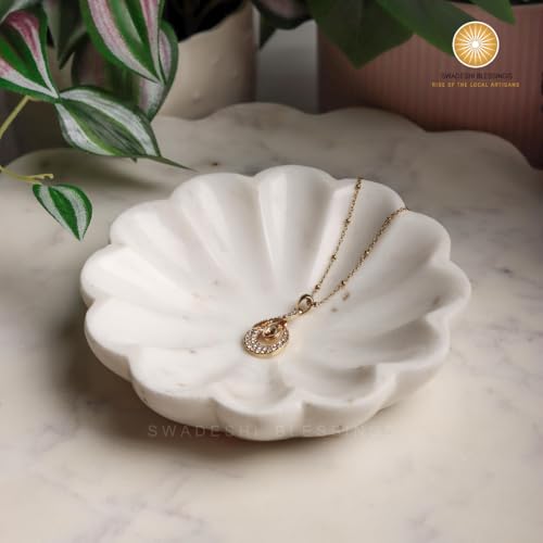SWADESHI BLESSINGS HandMade Marble Jewelry Tray, Trinket Dish, Catch-all,5" | 100% Natural Marble Bowl- Organizes Rings, Earrings, Bracelets & Keys, Gift-Ready for Mother Sister Daughter on all Occasions