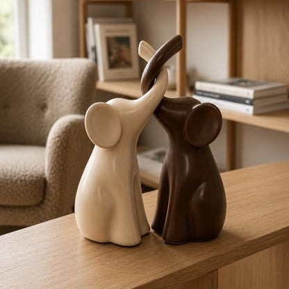 Elephant Figurines Home Decor, Set of 2 Ceramic Elephant Statues, Ivory White and Brown, Shelf Figurine, Elephant Gift for Women, 14th Anniversary, Wedding or Housewarming Gift for Couples