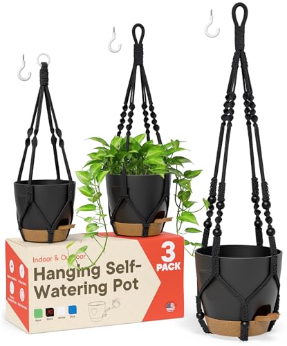 Black Hanging Self Watering Pots with Macrame Black Rope, 3 Pack Indoor & Outdoor Hanging Plant Pots with Built-in Reservoir, Wick Rope, Drainage Holes & Hooks, Stylish Boho Decor Hanging Planter - color: Black