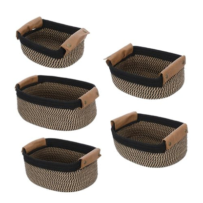 ULTECHNOVO Woven Cotton Rope Storage Basket Set Small Nesting Organizer Bins with Pu Handles 5pcs for and Craft Supplies for Nursery, Bedroom, Bathroom Shelf