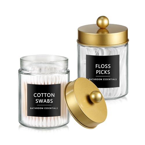 SheeChung 2 Pack Glass Qtip Holder with Gold Stainless Steel Lids | Apothecary Jars with Stickers, Countertop Canister Guest Bathroom Storage Organizer Set for Cotton Swabs/Balls, Floss Picks - color: Gold, size: 2 pack