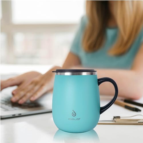 Ideus 16 oz Insulated Coffee Mug with Handle and Lid, Double Wall Stainless Steel Vacuum Thermal Coffee Mug, Travel Coffee Cup Thermal Cup for Home and Office (Sky Blue, FUJI DAWN) - color: Sky Blue