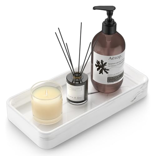 Gurygo 8" Ceramic Bathroom Vanity Tray for Kitchen Counter - Kitchen Soap Tray - Rectangular Ceramic Trays for Bathroom - Porcelain Large Serving Trays (Marble, Set/1) - color: Marble White, size: 7.9" x 4" x 1.1"