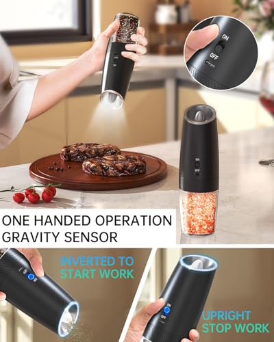 CIRCLE JOY Rechargeable Electric Salt and Pepper Grinder Set Gravity Salt and Pepper Mills Set with LED Light, No Battery Needed, Adjustable Coarseness, Washable 135ml Container, Black - color: Black, size: KYMQ + Rechargeable