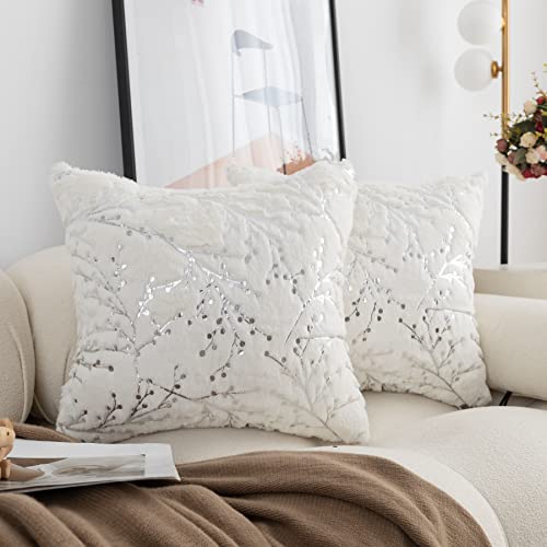 LIGICKY Set of 2 Fluffy White Faux Fur Pillow Covers Silver Branches Glitter Throw Pillows Decorative Soft Furry Sparkling Square Cushion Cases for Sofa Bedroom Party Décor 16x16inch - color: White Silver, size: 16" x 16" (Pack of 2)