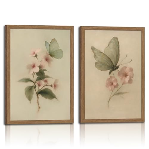 2pcs Vintage Butterfly Floral Framed Canvas Wall Art Antique Botanical Prints With Retro Butterfly And Pink Flower Oil Painting Decor For Living Room Bedroom Office 12x16in - color: Retro butterfly flower, size: 12x16in