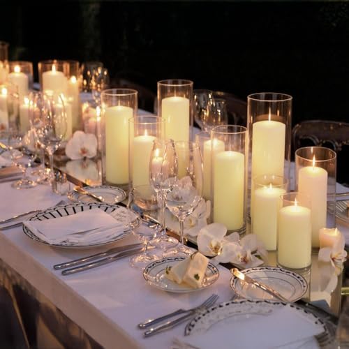 12-Pack Ivory Pillar Candles (2''X3,4,6) & 12-Pack Glass Cylinder Vases(2.6''X5,6,8),Hurricane Candles,Wedding Centerpiece Decor Set-Mixed Heights for Table, Proposal, Event. - color: Ivory, size: 12