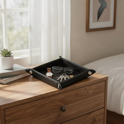 Valet Tray Desktop Storage Organizer – Vegan Leather Catchall Tray Bedside Vanity Tray Nightstand Caddy Holder for Remote Controller, Watch, Keys, Phone, Wallet, Coin, Jewelry, Black - color: Black