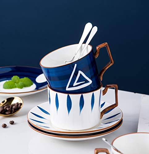Jusalpha- 7OZ Porcelain Tea/Coffee Cup With Spoon Saucer Set, Serve of 4 | Japanese style hand printed design