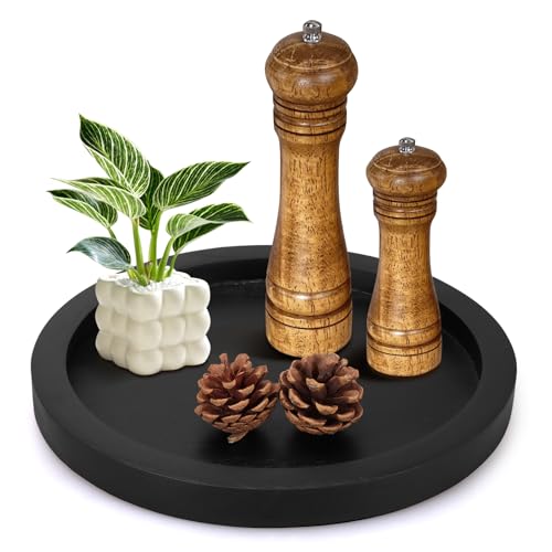 Black Wooden Decorative Trays for Kitchen Counter Living Room Centerpiece | Round Ottoman Coffee Table Tray Rustic Farmhouse Dinner Table Decor Accessories Wood Candle Plate Holder Bathroom Vanity Tray - color: Black, size: 12"