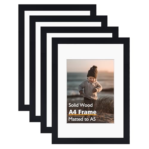 A4 Picture Frame, Black Solid Wood Frames with Acrylic Plexiglass for Pictures A5 with Mat or A4 without Mat, Tabletop and Wall Mounting Display 4 Pack - color: Black, size: A4