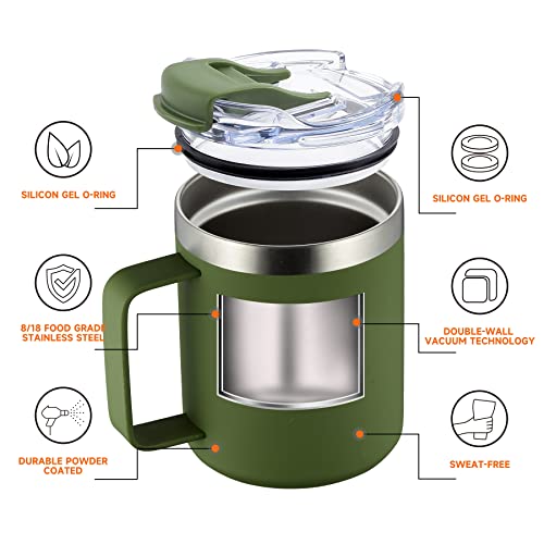 12oz Insulated Travel Coffee Mug with Handle, Army Green | Stainless Steel Coffee Tumbler with Lid, Double Wall Vacuum Thermal Cup for Camping - color: Fliping Lid: Army Green, size: 1 Count (Pack of 1)