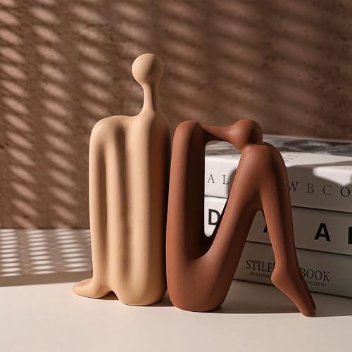 Linxia Abstract Ceramic Figurine Bookends | Warm Brown & Off-White Pair | Back-to-Back Design | Decorative Desk, Office & Window Display Accents - color: Warm Brown & Off-white