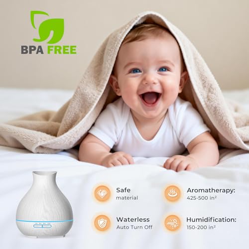 Aromatherapy Essential Oil Diffuser 550ml 12 Hours White Wood Grain Aroma Diffuser with Timer for Large Room, Home, Baby Bedroom, Waterless Auto Shut-Off, 7 Colors Lights Changing - color: White