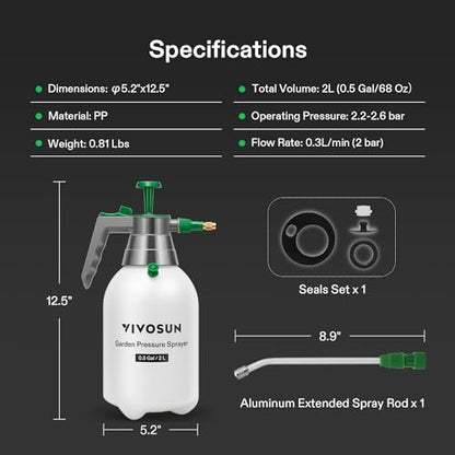 VIVOSUN 2L Pump Sprayer, 68oz Water Spray Bottle with Safety Valve | Handheld Garden Sprayer, Adjustable Nozzle, Extended Spray Rod & Additional Seals, Ideal for Watering, Fertilizing, Cleaning - size: 68 ounce