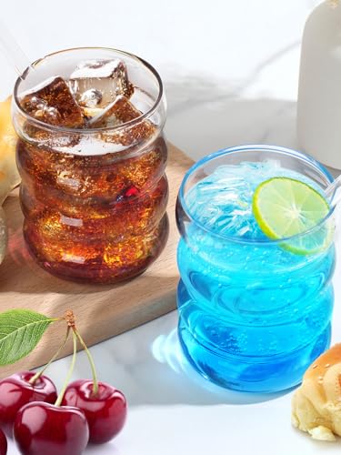 Ribbed Drinking Glass Cups with Glass Straws Set of 4, 10 oz Aesthetic Iced Coffee Glasses, Bubble Glasses Drinking Tumbler, Ribbed Glassware, Beer Glasses for Coctail, Soda, Juice | Aesthetic Clear Glass Cups with Matching Glass Straws, for Iced Coffee,