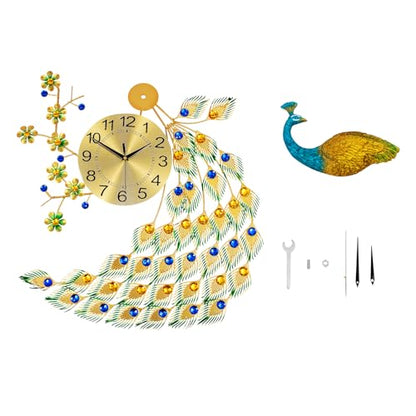 Large Peacock Wall Clock, 29.5" Luxury 3D Wall Clock Non-Ticking Silent Gold Metal Decorative Wall Clock Art Digital Wall Decor for Living Room Bedroom Office - size: 25.59*29.53in