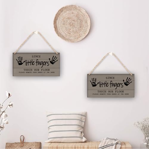 Little Fingers Sign - Please Remove Shoes At Door - 12x12in Grey No Shoes Sign for Front Door Wall Hanging - color: Dark Grey-Since Little Fingers