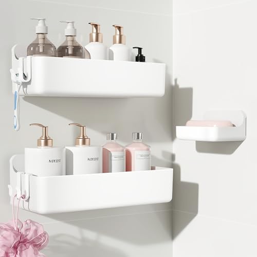 Nieifi Adhesive Shower Shelves, White, 3 Pieces | Rustproof ABS, Large Capacity, Removable Design, Easy-Clean, No Drilling Shower Organizer for Bathroom Storage & Home Decor - color: White, size: 3 pieces