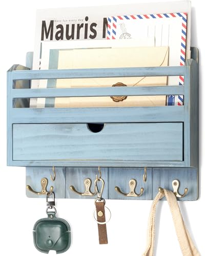Rebee Vision Mail Organizer Wall Mount for Home Decor, Distressed Blue | Key and Mail Holder for Wall, 7 Key Hooks, Drawer Organizer, Mail Sorter, Key Hanger, Home Essentials, Room Decor Aesthetic - color: Blue