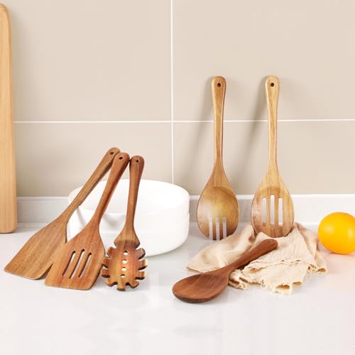 Wooden Cooking Utensils, 6 Pieces Natural Acacia Wooden Spoons For Cooking with Non Stick & Heat Resistant Design, Wooden Kitchen Utensil Set with Hanging Hole for Stirring, Mixing, Cooking - color: Natural