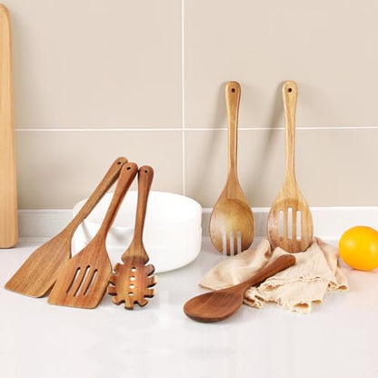Wooden Cooking Utensils, 6 Pieces Natural Acacia Wooden Spoons For Cooking with Non Stick & Heat Resistant Design, Wooden Kitchen Utensil Set with Hanging Hole for Stirring, Mixing, Cooking - color: Natural