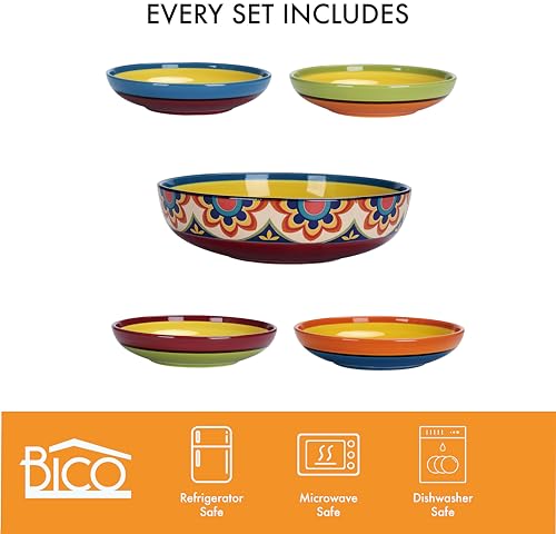 Bico Tunisian Ceramic Pasta Bowl, Set of 5(1 unit 214oz, 4 units 35oz), for Pasta, Salad, Microwave & Dishwasher Safe - style: Tunisian